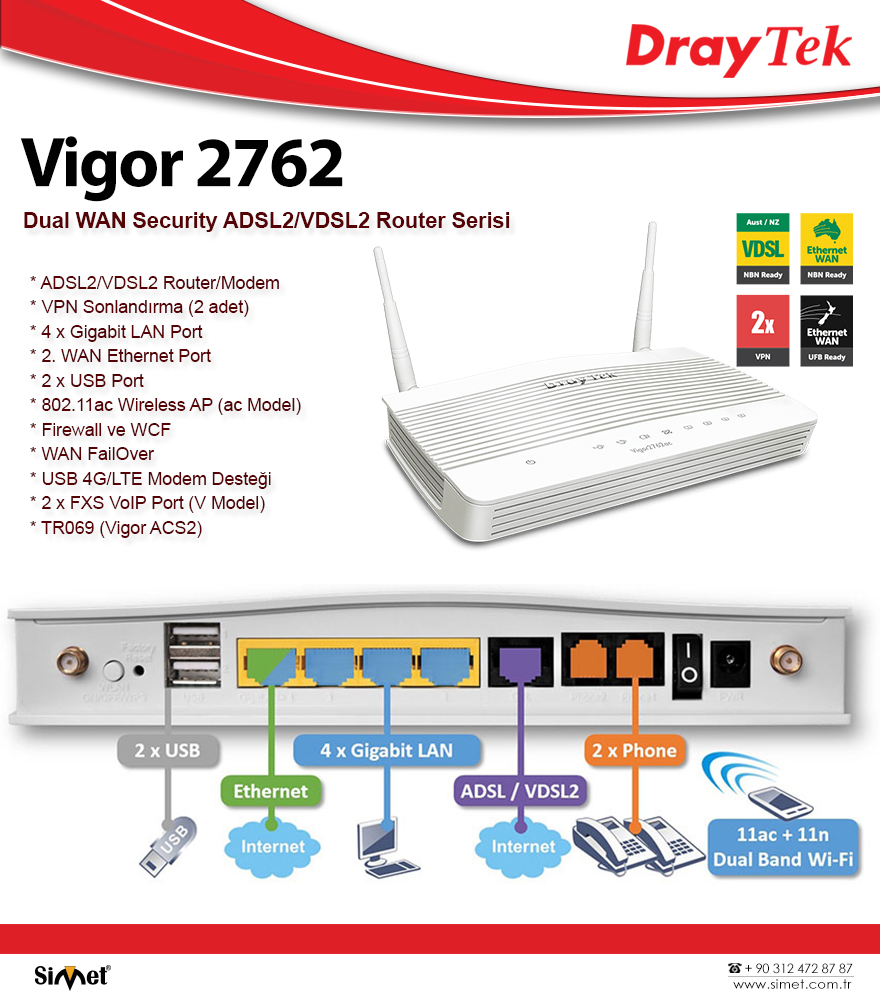 Draytek Vigor 2762 Serisi Dual WAN Router