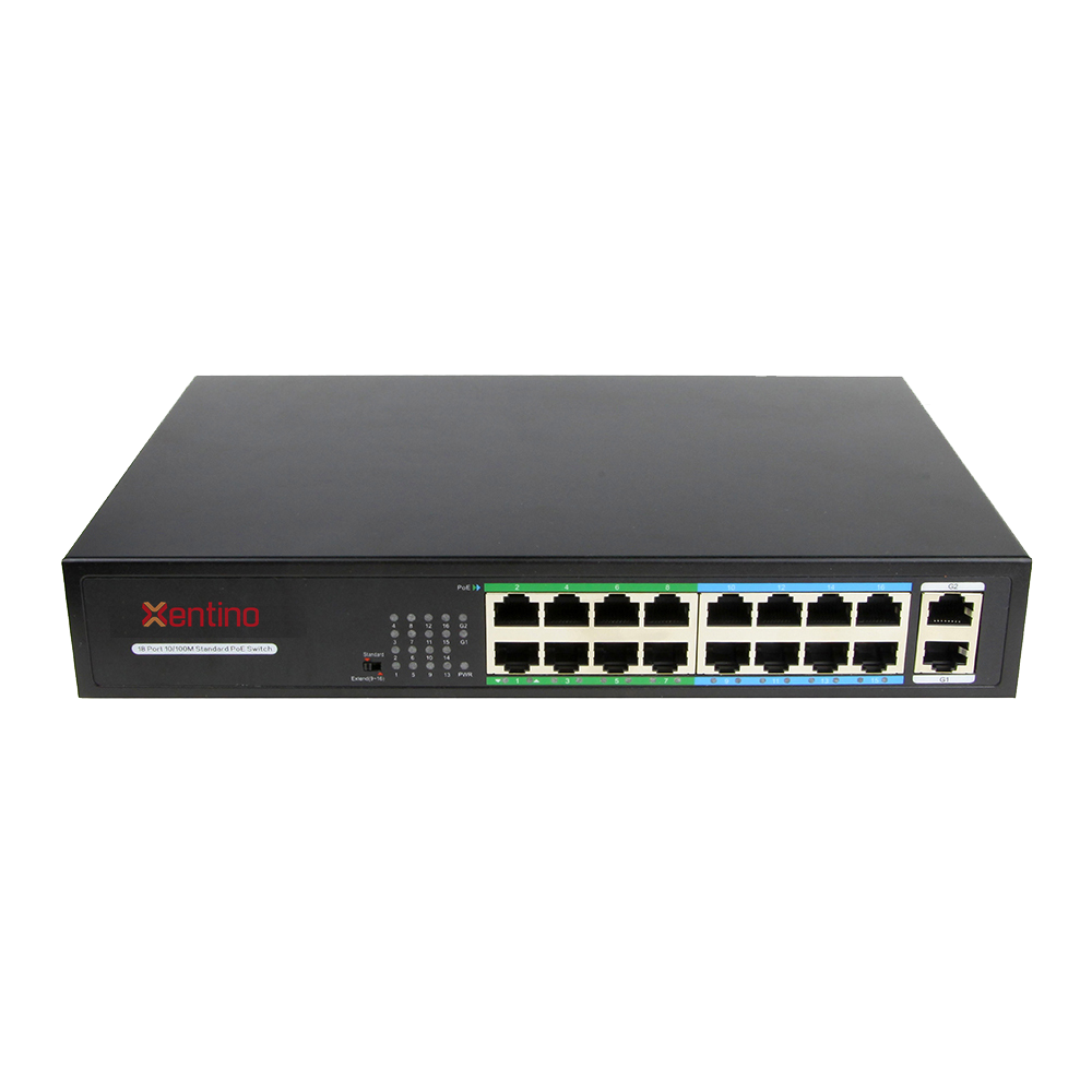 Xentino S1602GPUL 18Port (16EthPoE/2GE) 100M POE (10M/250meter) 2Port Gigabit Unmanaged Switch (200W)